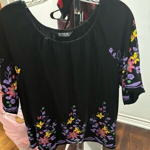 BloomChic Black Top with Purple and Yellow Floral Design